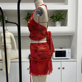 BXOXO Beach Vacation Cute Outfits for Women 2 Piece Sets Red Print Deep V Twist Halter Top + Drawstring Mini Skirt Matching Set